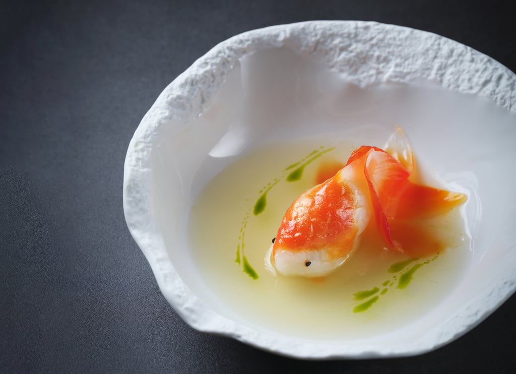 Filled with steamed cod fish, pickled olives and celery, the goldfish-shaped dumplings combine playful presentation with delicate Cantonese flavours.