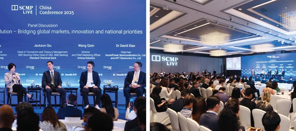 Left, (from left to right): Alpha Lau, director-general of investment promotion, Invest Hong Kong; Jackson Qiu, head of transaction and treasury management and head of GBA, SME banking, Standard Chartered Bank; Wang Qixin, director and chief marketing officer, Unitree Robotics; Dr David Xiao, chairman, AscenPower Semiconductors Co., Ltd, and APT Electronics Co., Ltd.