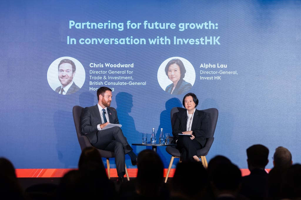 Chris Woodward, Director General for Trade & Investment, UK’s Department for Business and Trade, exploring collaborations between the UK and Hong Kong with Alpha Lau, Director-General, Invest HK.