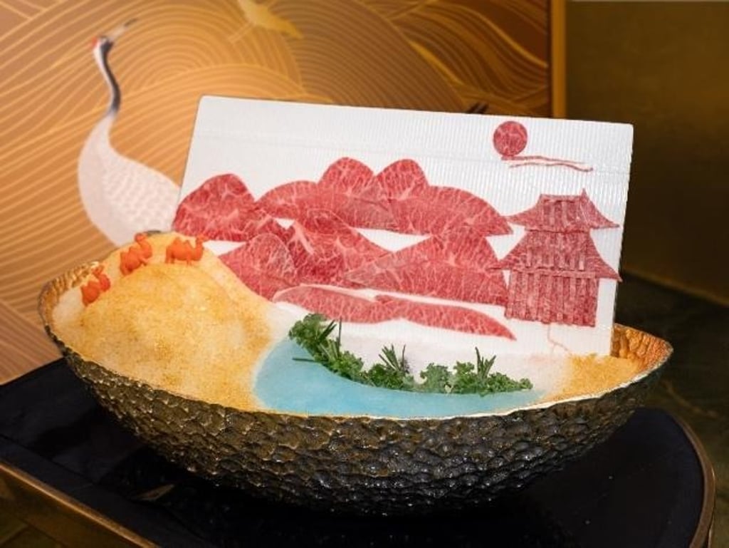 Top-graded 1++A Hanwoo sirloin is arranged with references to traditional Chinese painting before being cooked in the hot pot.