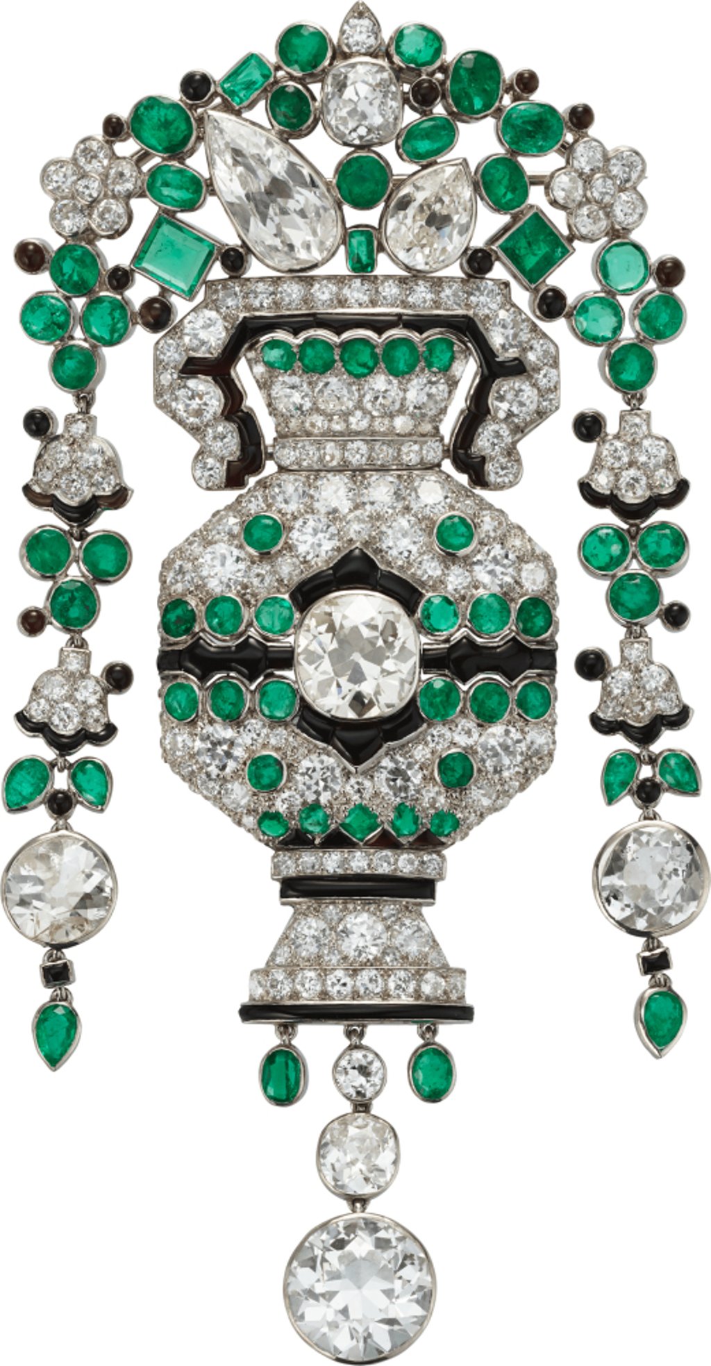 Flower vase pendant and brooch in platinum with emeralds, onyx and diamonds, from 1928.