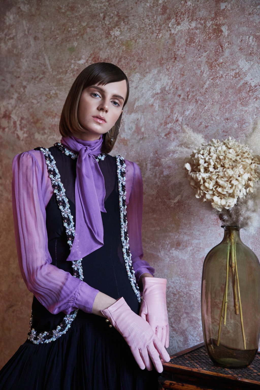 Saint Laurent top, Lanvin dress and gloves, Alexander McQueen earrings; all prices upon request. Photo: Piotr Serafin