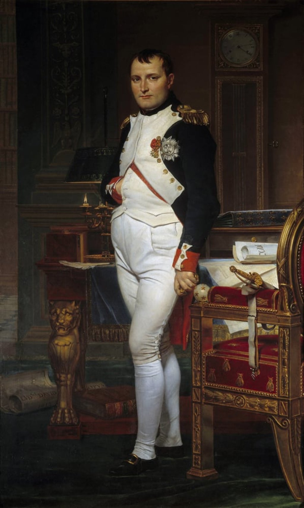 Napoleon is seen wearing a brooch in the Portrait of Napoleon Bonaparte (1769-1821) by Jacques Louis David (1748-1825). Photo: Leemage/Corbis