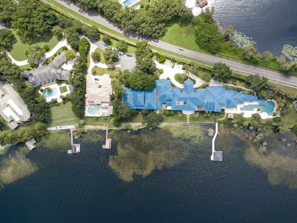 An aerial view of Shaquille O’Neal’s lakeside mansion in Florida. Photo: Compass Florida