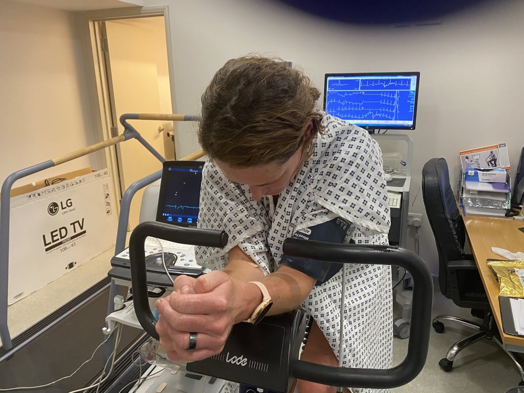 Lewis doing a cardiac stress echocardiogram in July. She believes her case has been so severe as a result of her high-stress lifestyle, which affects immune function. Photo: Courtesy of Tamsin Lewis