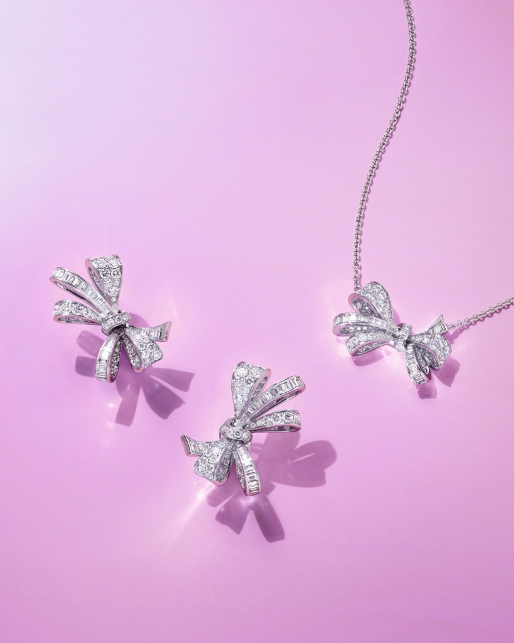 Graff Tilda’s Bow collection multi shape diamond pendant and earrings. Photo: Graff