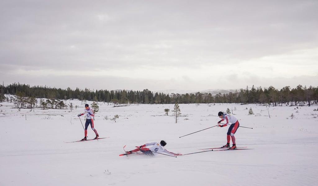 A Chinese biathlon skier takes a spill down a hill during a race in Klæbu, Norway, January 19, 2020. Photo: Trygve Ulriksen Skogseth A Chinese biathlon skier takes a spill down a hill during a race in Klæbu, Norway, January 19, 2020. Photo: Trygve Ulriksen Skogseth