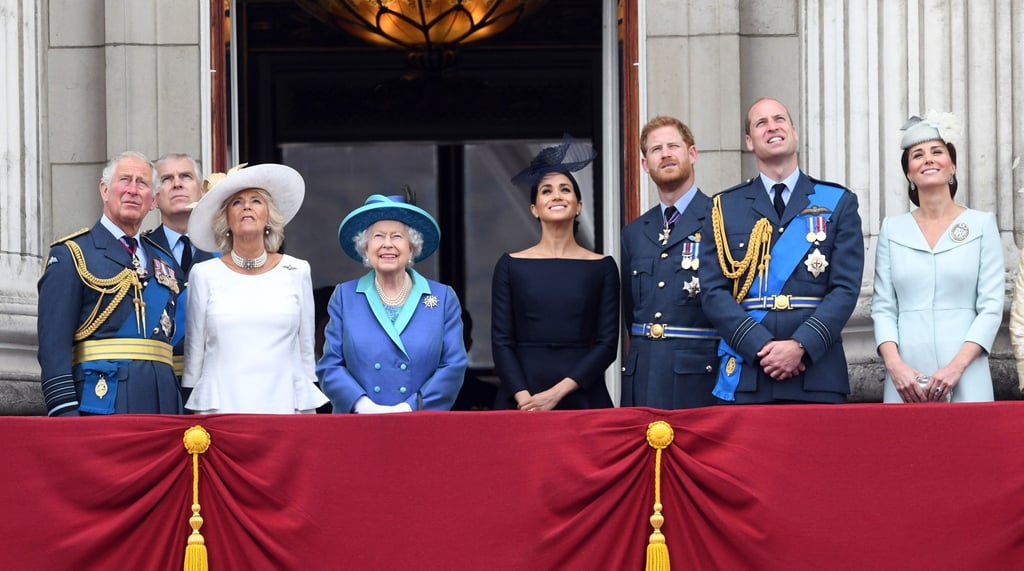 Britain’s Charles, the Prince of Wales; Prince Andrew, Duke of York; Camilla, Duchess of Cornwall; Queen Elizabeth, Meghan, Duchess of Sussex; Prince Harry, the Duke of Sussex; Prince William, Duke of Cambridge and Catherine, Duchess of Cambridge on the balcony of Buckingham Palace during the RAF100 parade celebrations in London in July 2018. Photo: EPA-EFE
