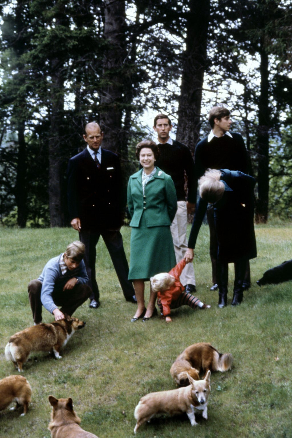Queen Elizabeth and the Duke of Edinburgh with their three sons, Charles (centre), Edward (kneeling) and Andrew (right), and daughter Anne, with her son Peter at Balmoral Castle, Scotland, November 20, 1979. Photo: AFP