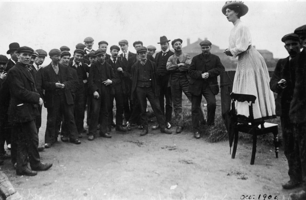 Suffragette Una Dugdale addresses a crowd of men at a Newcastle by-election, September, 1908. Photo: Getty Images
