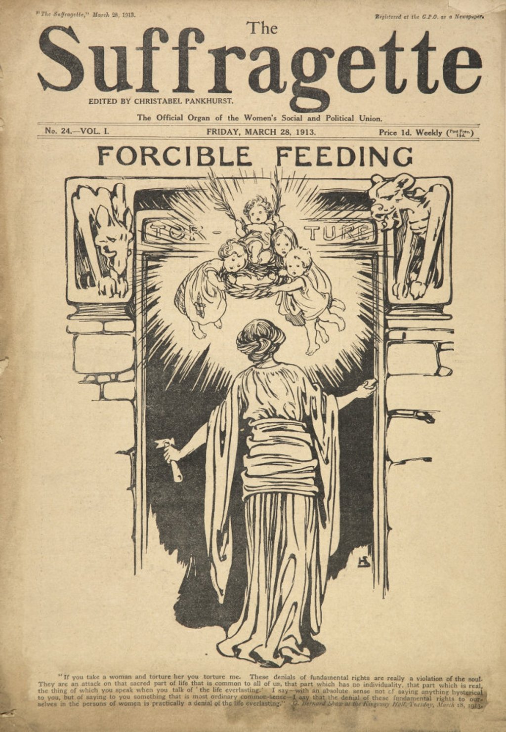 An illustration depicting force feeding as torture, published in The Suffragette magazine, March 28, 1913. Photo: Getty Images