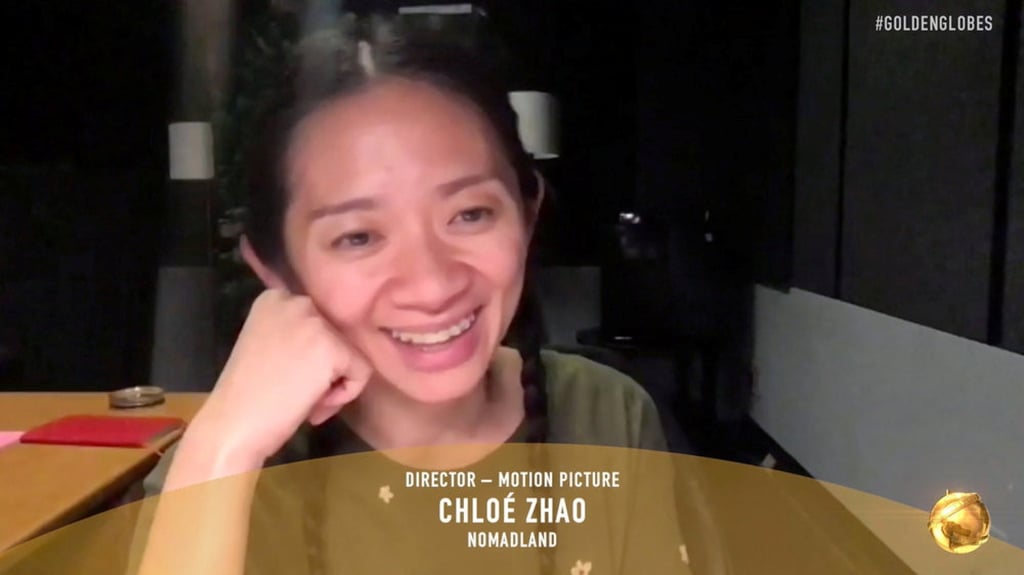 Chloé Zhao accepts the best director award for Nomadland at the 2021 Golden Globe Awards. Photo: handout