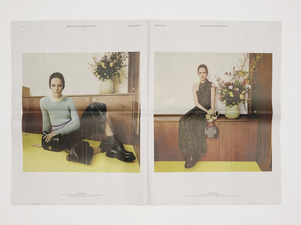 A newspaper spread from Loewe’s “A Show in the News”, a newspaper with photos of the brands autumn/winter 2021 collection.