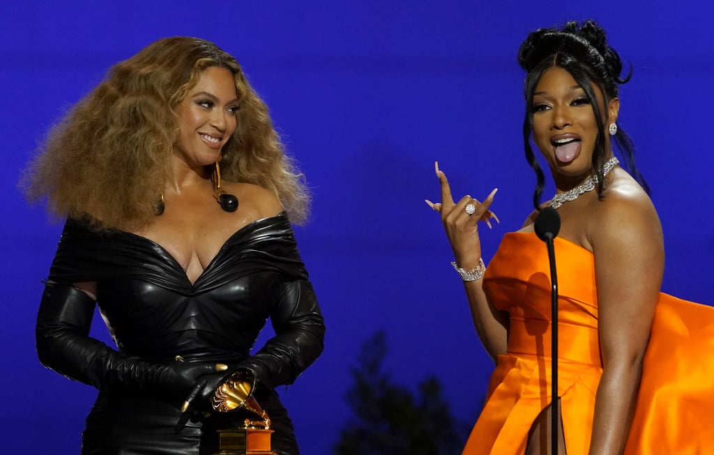 Beyoncé, left, and Megan Thee Stallion accept the award for best rap song for Savage at the 63rd annual Grammy Awards at the Los Angeles Convention Centre on March 14, 2021. Photo: AP
