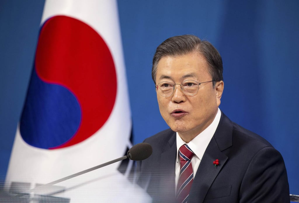 South Korean President Moon Jae-in speaks at a press conference at his office in Seoul on January 18, 2021. Photo: Kyodo