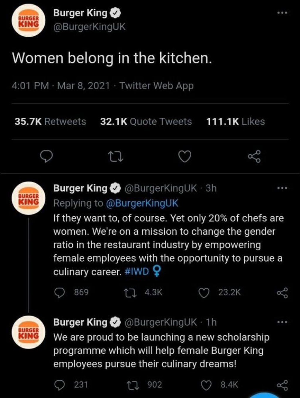 Burger King tweeted “women belong in the kitchen” on International Women’s Day. Photo: @EmericanJohnson/Twitter