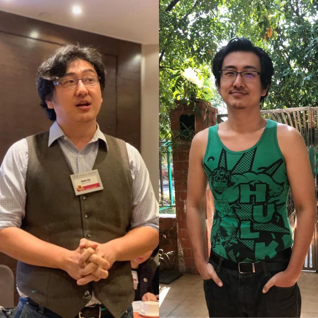 Lee in 2019 at 115kg (left) and a recent shot at 87kg, wearing a tank top made by his wife, who is thrilled he has to get a new wardrobe. Photo: courtesy of Keon Lee