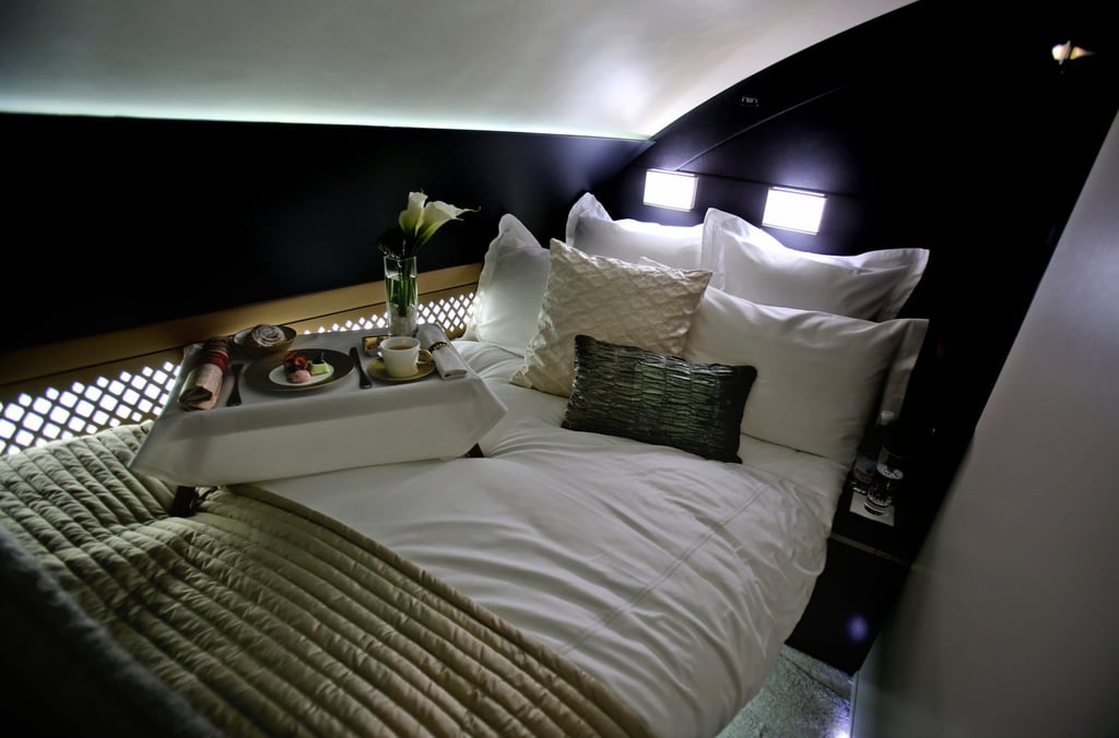 The 125 sq ft area of The Residence includes a “living room” partitioned off from the first-class aisle, leather seating, a chilled minibar and a 80cm flat-screen TV. Shown is a mock-up suite at a training facility in Abu Dhabi for national carrier Etihad. Photo: AP