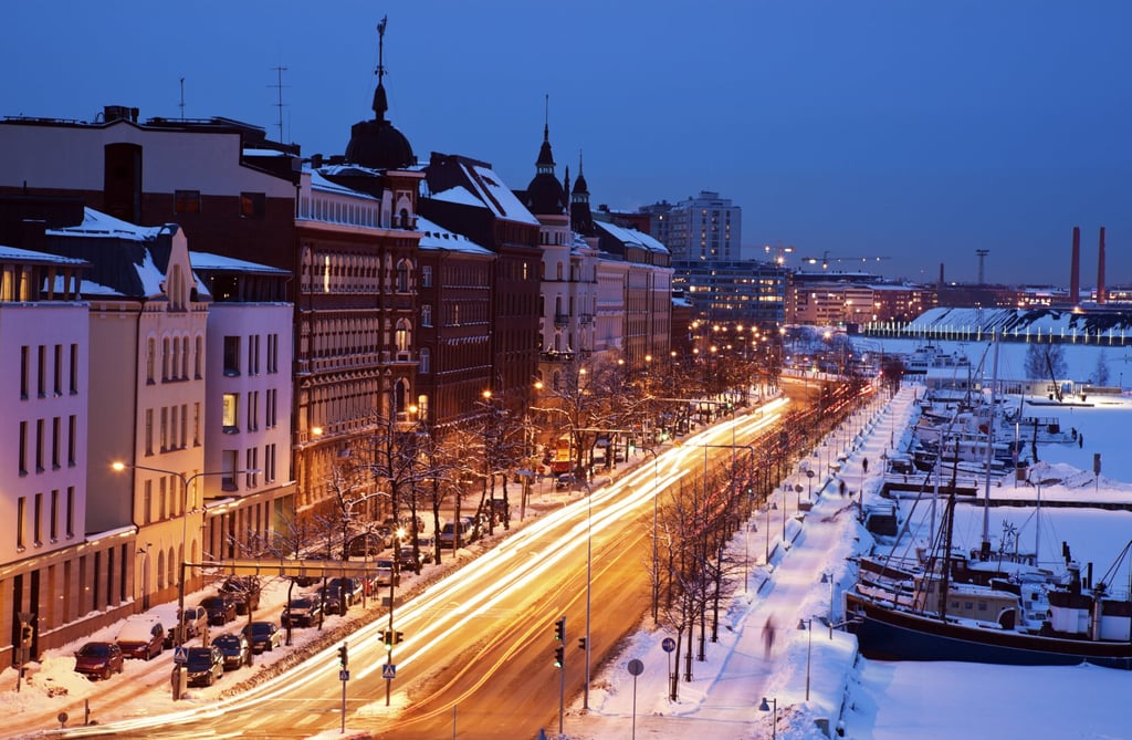 Pohjoisesplanadi Street in Helsinki on a winter’s night. Photo: Getty Images