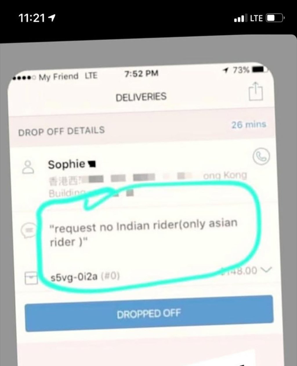One of the requests on a food delivery app for “no Indian rider”. Photo: Facebook