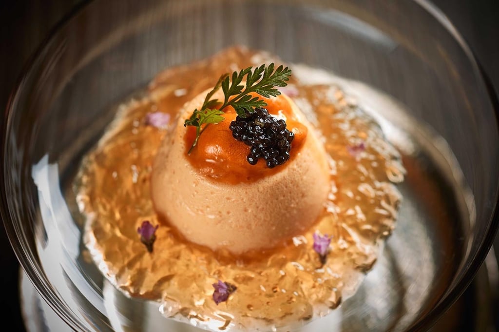 Home-made fresh sea urchin pudding with consommé jelly. Photo: handout