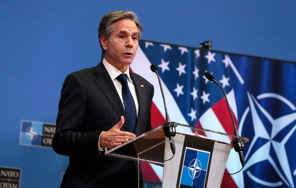Blinken at the news briefing following the Nato foreign ministers meeting at Nato headquarters in Brussels on Wednesday. Photo: EPA via AFP Blinken at the news briefing following the Nato foreign ministers meeting at Nato headquarters in Brussels on Wednesday. Photo: EPA via AFP
