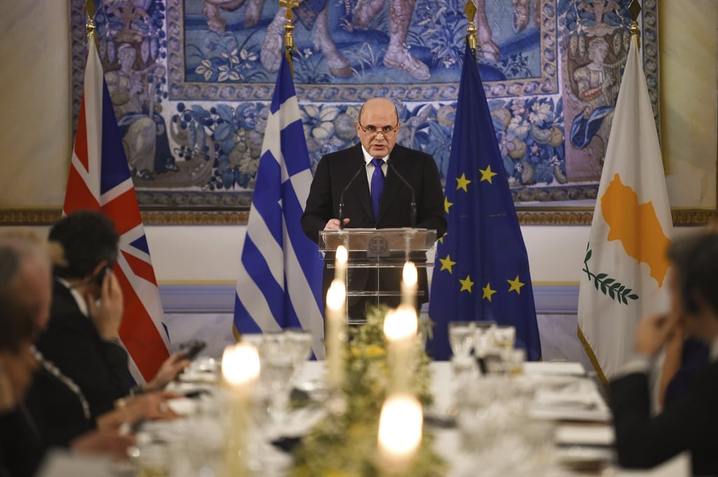 Russian Prime Minister Mikhail Mishustin delivers a speech during an official dinner at the Presidential Palace in Athens, Greece on Wednesday. Photo: AP