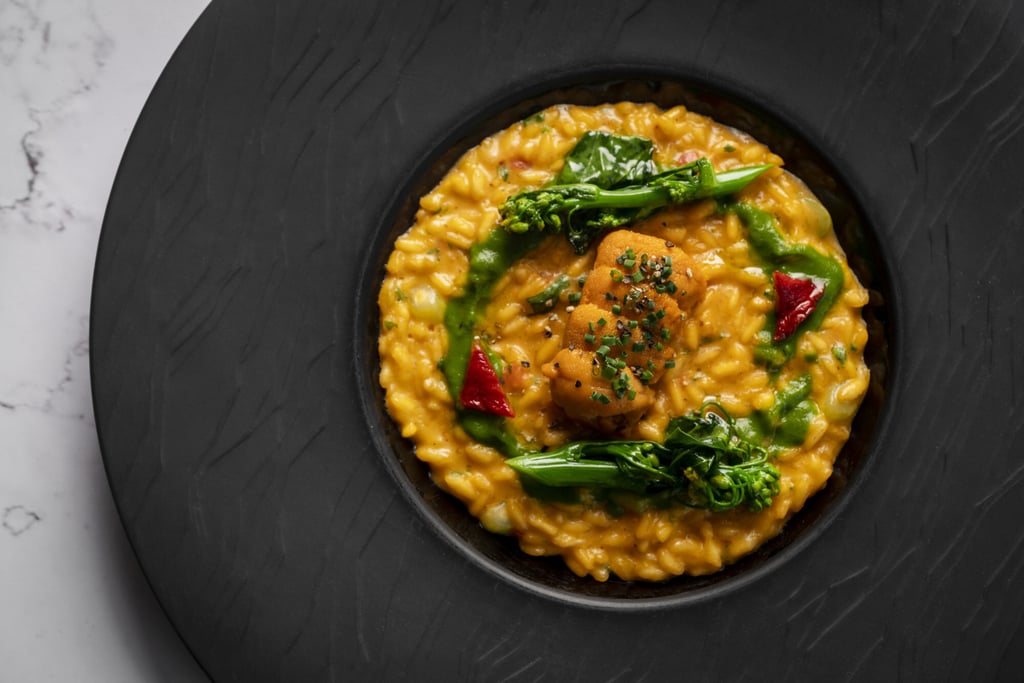 Risotto “Acquerello” with Hokkaido sea urchin, wasabi and broccoli rabe. Photo: handout