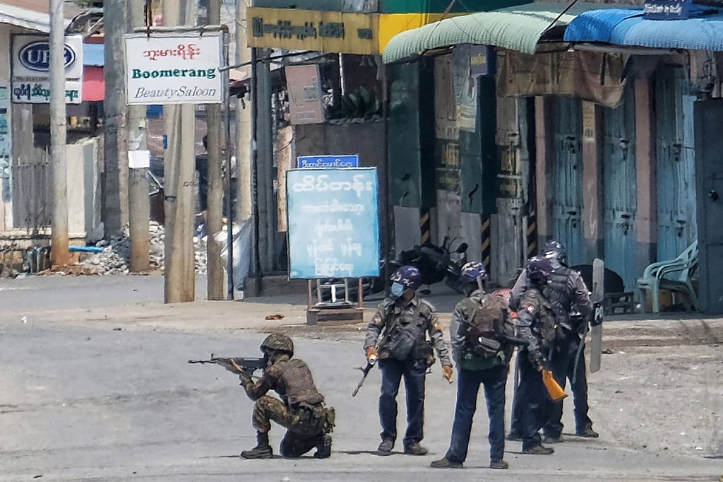 Armed security forces seen in Taunggyi, Myanmar’s Shan state, during a crackdown on anti-coup protests. Photo: Handout/Facebook/AFP