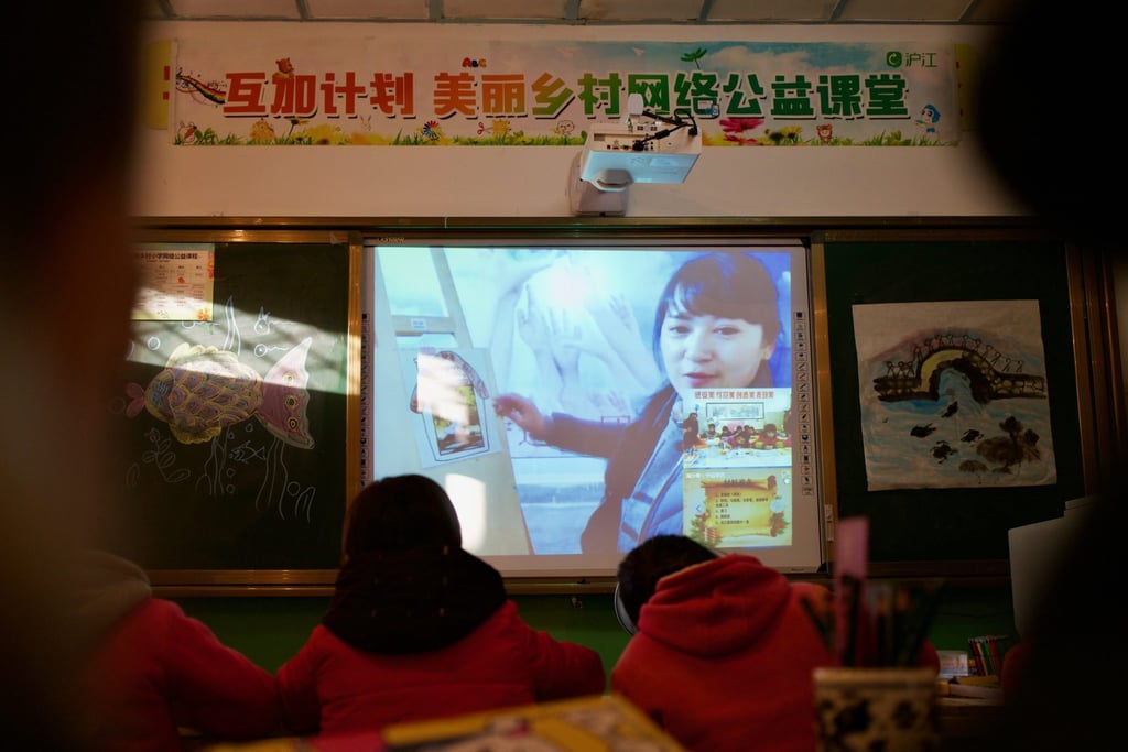 Live streaming classes are conducted on the online education platform CCTalk, developed by Hujiang EdTech, at Lumacha primary school in Gansu province, China. Photo: SCMP
