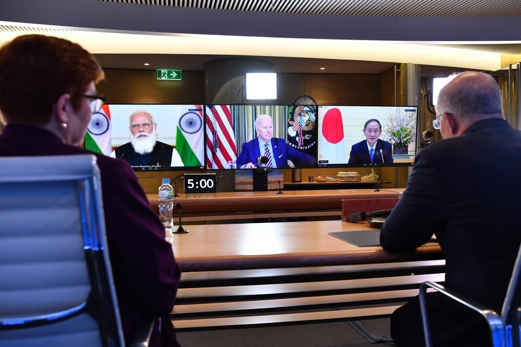 Australian Prime Minister Scott Morrison, right, speaks with the leaders of India, the US and Japan at the first Quadrilateral Security Dialogue, summit in early March. Photo: EPA