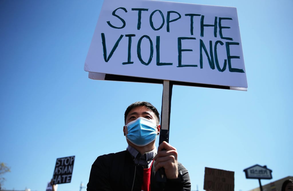 A demonstrator at the Stop Asian Hate rally in Koreatown, Los Angeles on Saturday. Photo: Getty Images / AFP