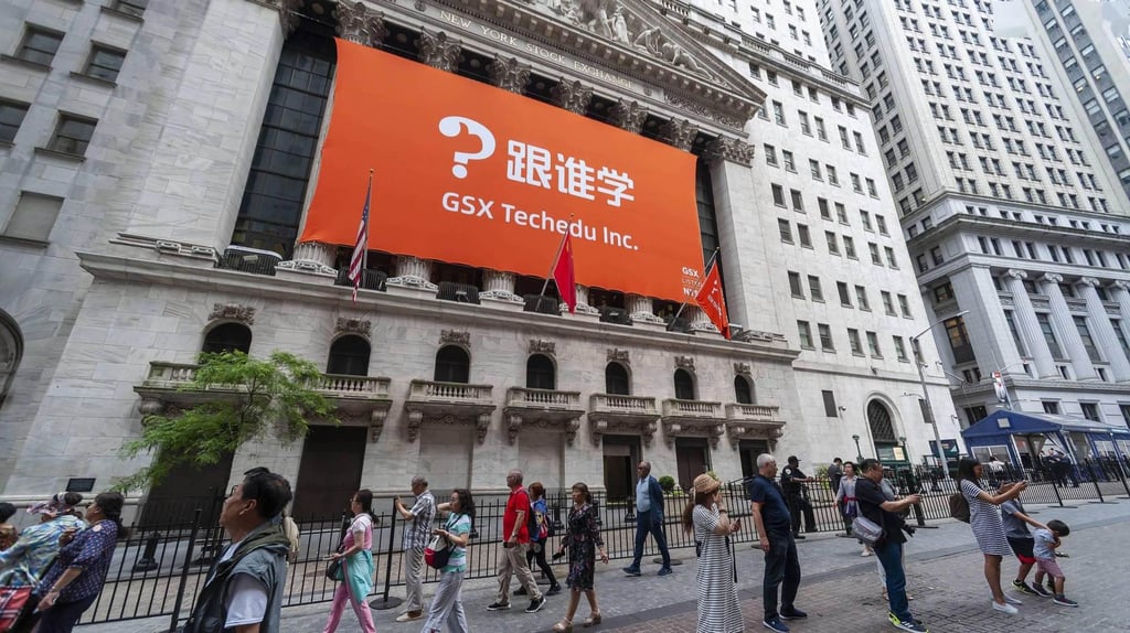 A poster of GSX Techedu at the New York Stock Exchange on the company’s first day of trading. Photo: Shutterstock A poster of GSX Techedu at the New York Stock Exchange on the company’s first day of trading. Photo: Shutterstock