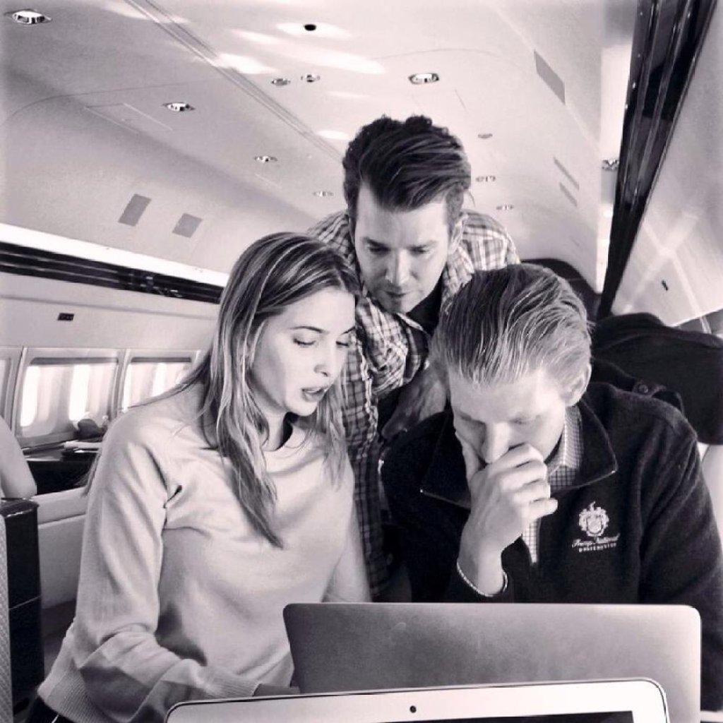 Eric, Ivanka and Donald Trump Jr. putting their heads together – the siblings helped father Donald a lot on the campaign trail. Photo: @EricTrump/Twitter Eric, Ivanka and Donald Trump Jr. putting their heads together – the siblings helped father Donald a lot on the campaign trail. Photo: @EricTrump/Twitter
