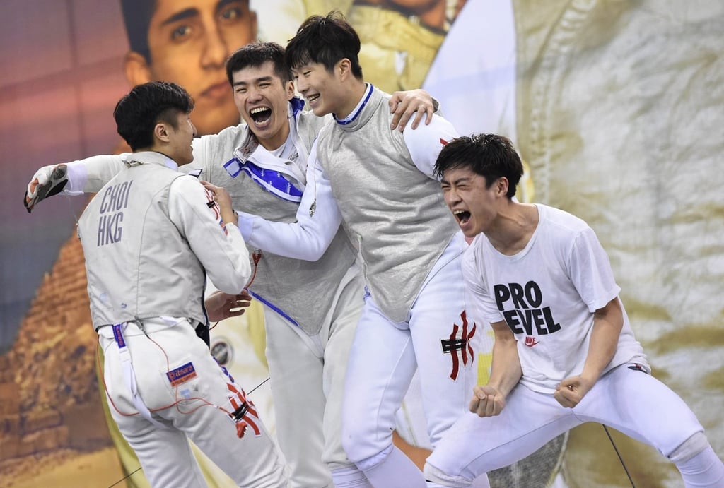 From left: Ryan Choi, Cheung Siu-lun, Cheung Ka-long and Lawrence Ng celebrate Hong Kong’s performance at the 2020 World Cup series in Cairo, Egypt.