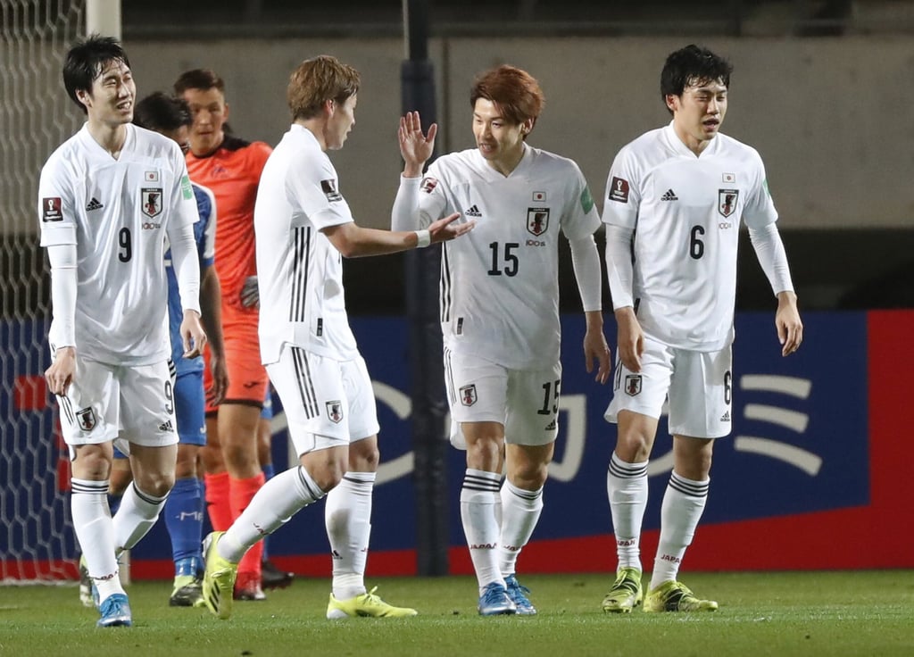 Japan’s Yuya Osako celebrates after scoring his first of three goals against Mongolia in their World Cup Asian qualifier. Photo: Reuters