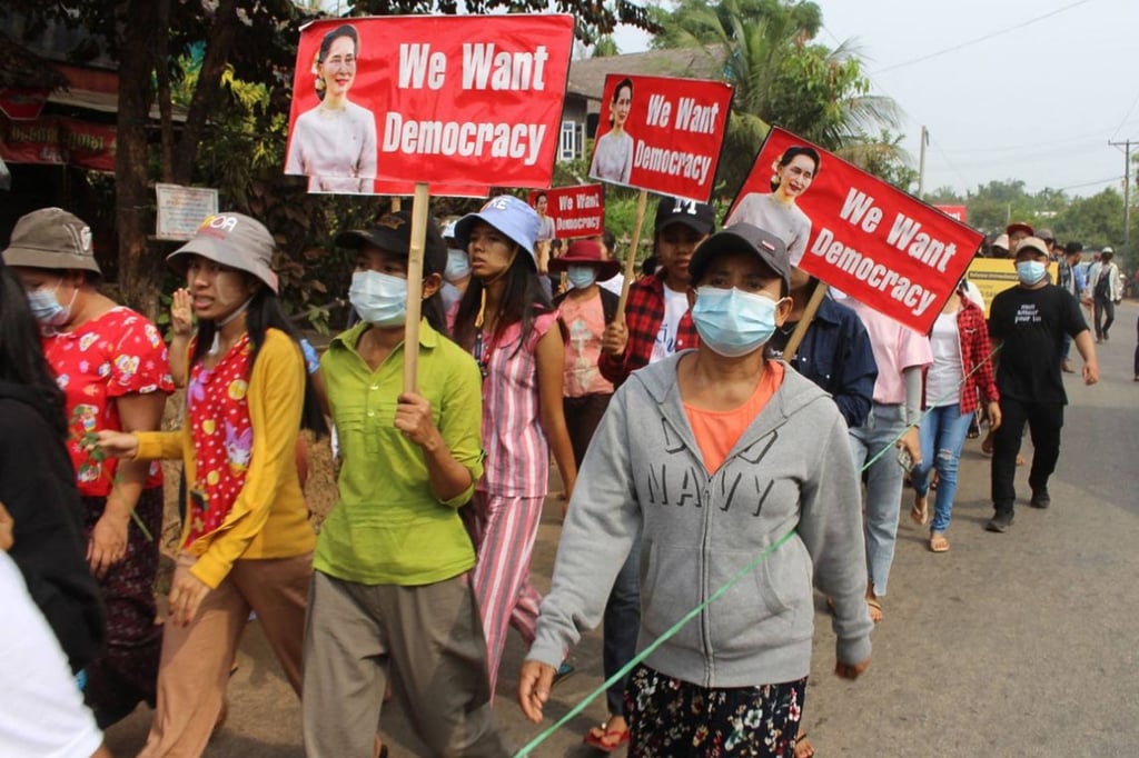 Protesters march during a demonstration against the military coup in Launglon township, Dawei. Photo: Dawei Watch / AFP Protesters march during a demonstration against the military coup in Launglon township, Dawei. Photo: Dawei Watch / AFP