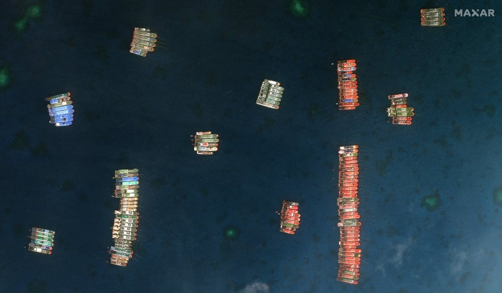 A satellite image shows Chinese vessels anchored at the Whitsun Reef on March 23, 2021. Photo: Maxar Technologies/EPA-EFE A satellite image shows Chinese vessels anchored at the Whitsun Reef on March 23, 2021. Photo: Maxar Technologies/EPA-EFE