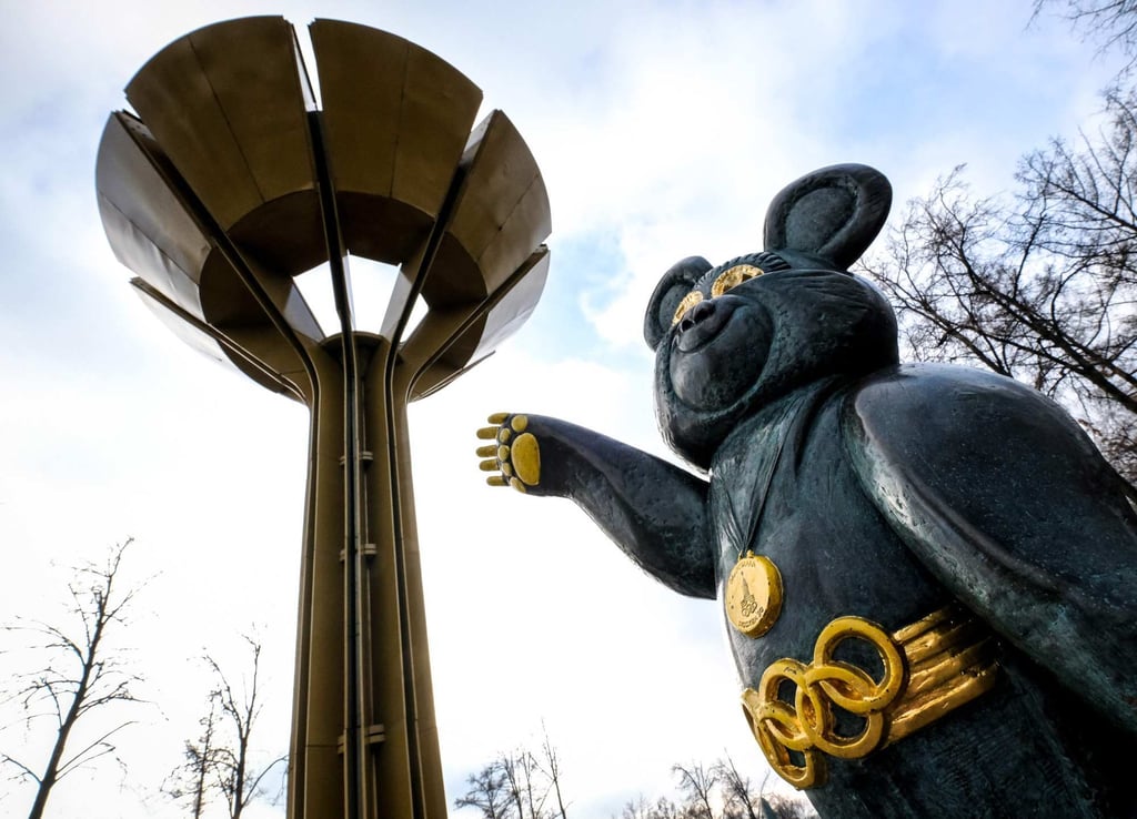 A sculpture of the mascot for the 1980 Moscow Olympics, Misha the bear, is seen near the Luzhniki stadium in Moscow in December 2019. The US led calls for a boycott of the 1980 Moscow Olympics in protest against Soviet Union’s invasion of Afghanistan. Photo: AFP