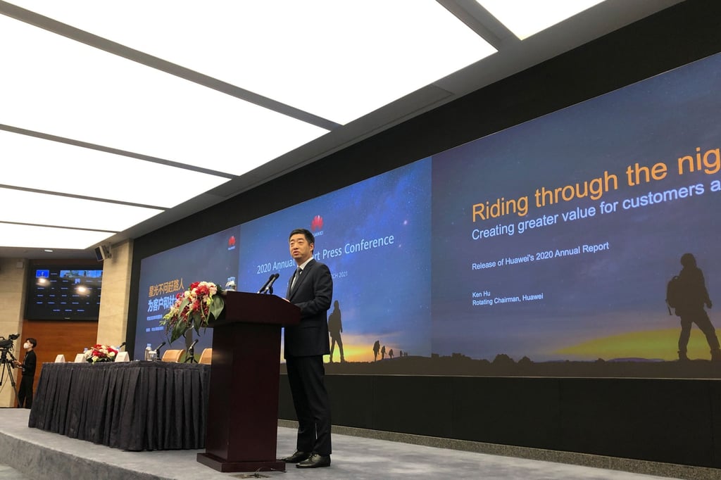 Huawei Technologies Co rotating chairman Ken Hu Houkun speaks at a news conference at the company’s headquarters in Shenzhen, Guangdong province, on March 31, 2021. Photo: Reuters Huawei Technologies Co rotating chairman Ken Hu Houkun speaks at a news conference at the company’s headquarters in Shenzhen, Guangdong province, on March 31, 2021. Photo: Reuters
