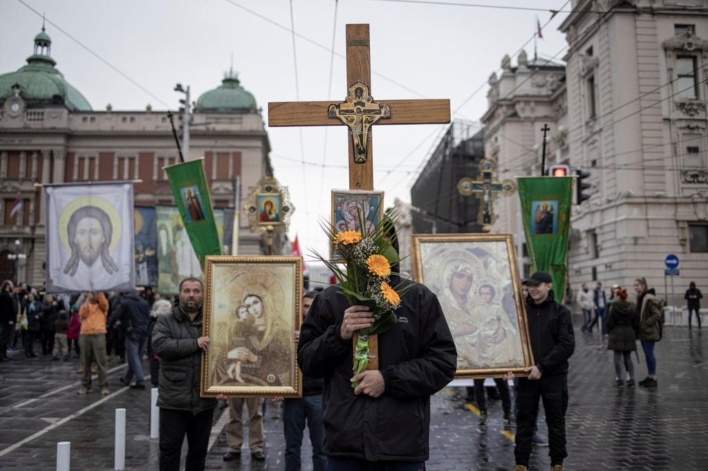 People protest against Covid-19 vaccinations and restrictions in Belgrade on April 3, 2021. Photo: Reuters