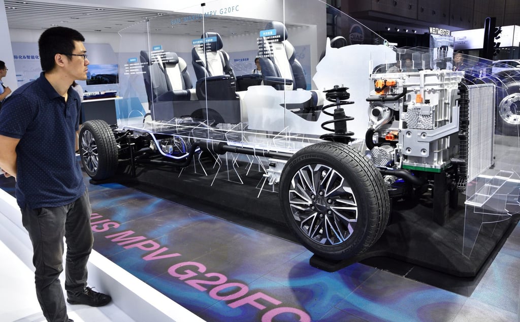 A cross-section of the SAIC Maxus G20FC hydrogen fuel cell vehicle during the 21st China International Industry Fair at the National Exhibition and Convention Centre on September 17, 2019 in Shanghai. Photo: Getty Images A cross-section of the SAIC Maxus G20FC hydrogen fuel cell vehicle during the 21st China International Industry Fair at the National Exhibition and Convention Centre on September 17, 2019 in Shanghai. Photo: Getty Images