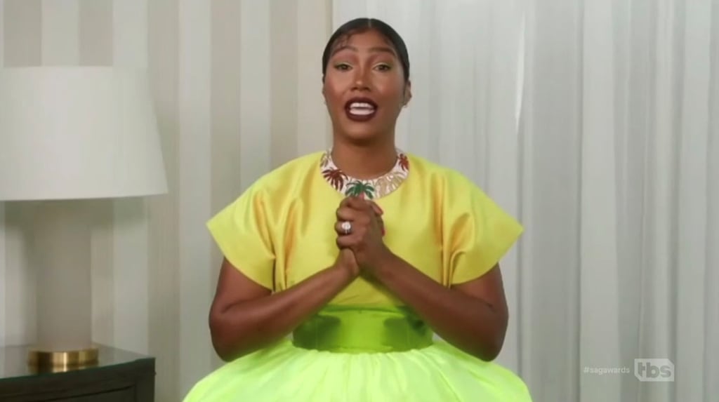 Simone Ledward Boseman accepts the actor for outstanding performance by a male actor in a leading Role for Ma Rainey’s Black Bottom on behalf of her late husband Chadwick Boseman. Photo: SAG Awards Handout via Reuters