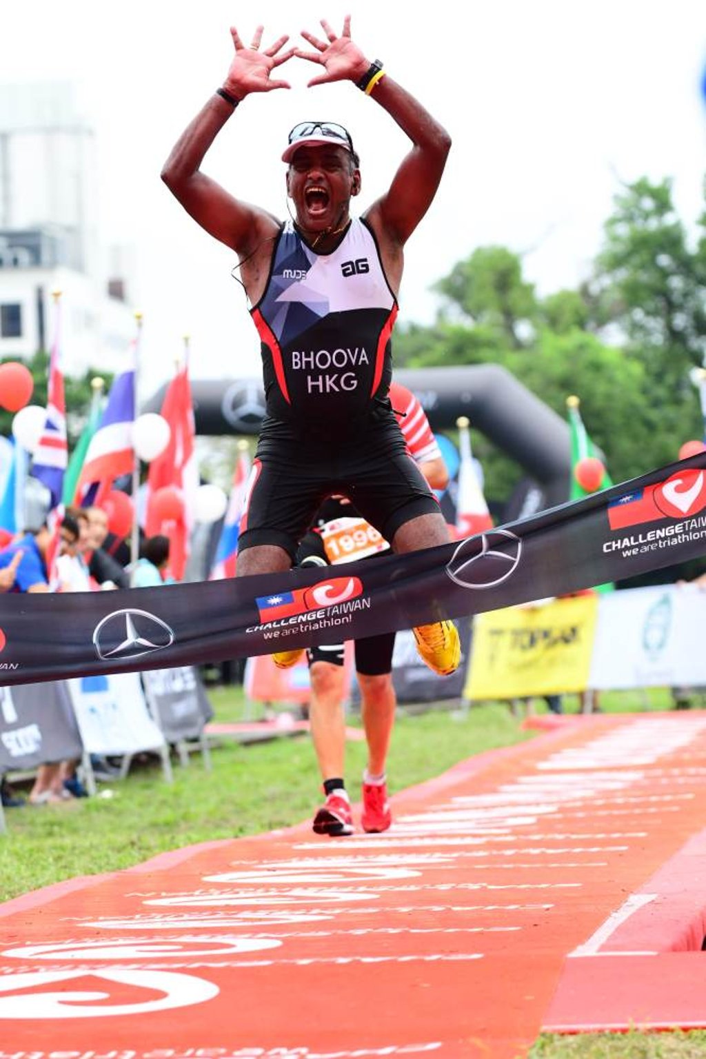Desikan at the finish line of his first Half Ironman event in Tai Tung, Taiwan, in 2018.