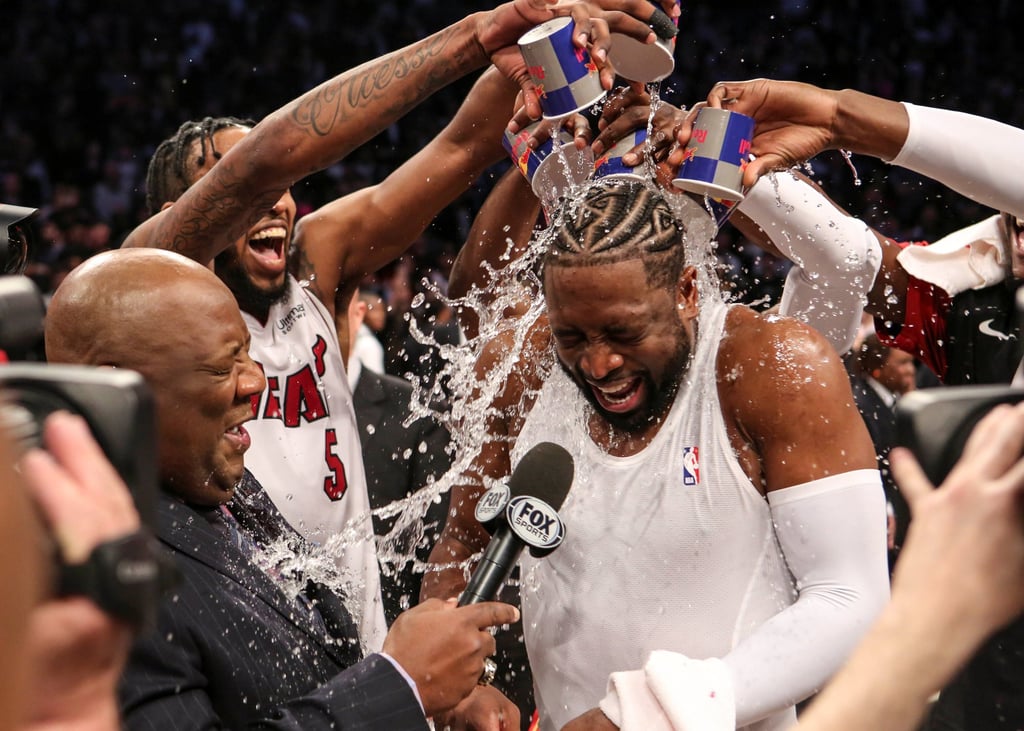Ex-Miami Heat guard Dwyane Wade is doused with water from his teammates after playing his last NBA game against the Brooklyn Nets in April 2019: Photo: USA Today Ex-Miami Heat guard Dwyane Wade is doused with water from his teammates after playing his last NBA game against the Brooklyn Nets in April 2019: Photo: USA Today