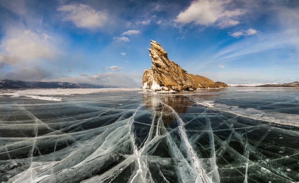 Lake Baikal frozen over in March 2016. Photo: Barcroft Media via Getty Images