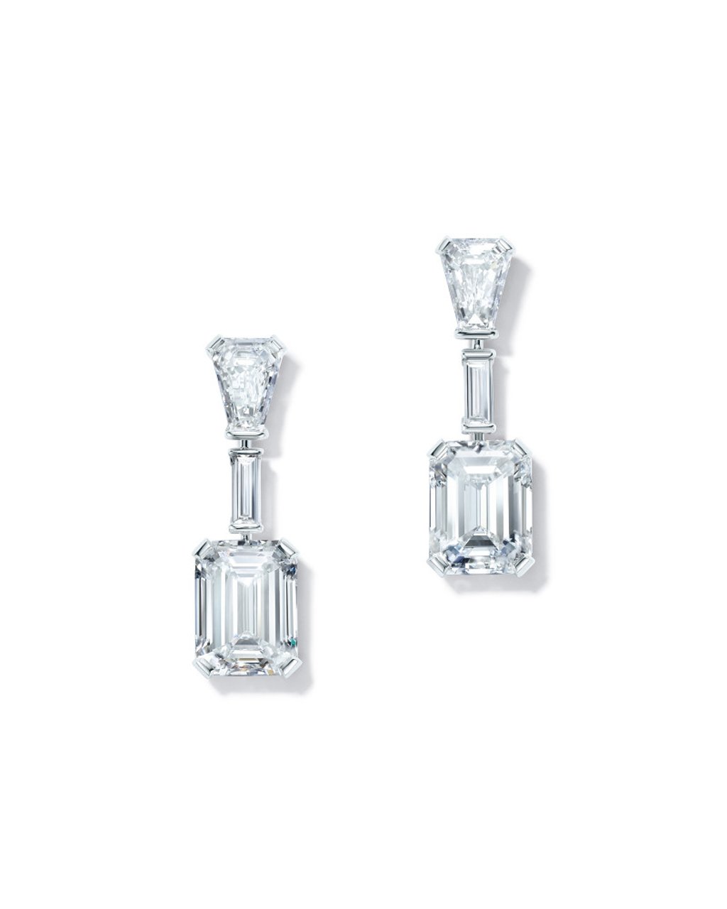 Platinum earrings with emerald-cut diamond pendants. Photo: Tiffany & Co.