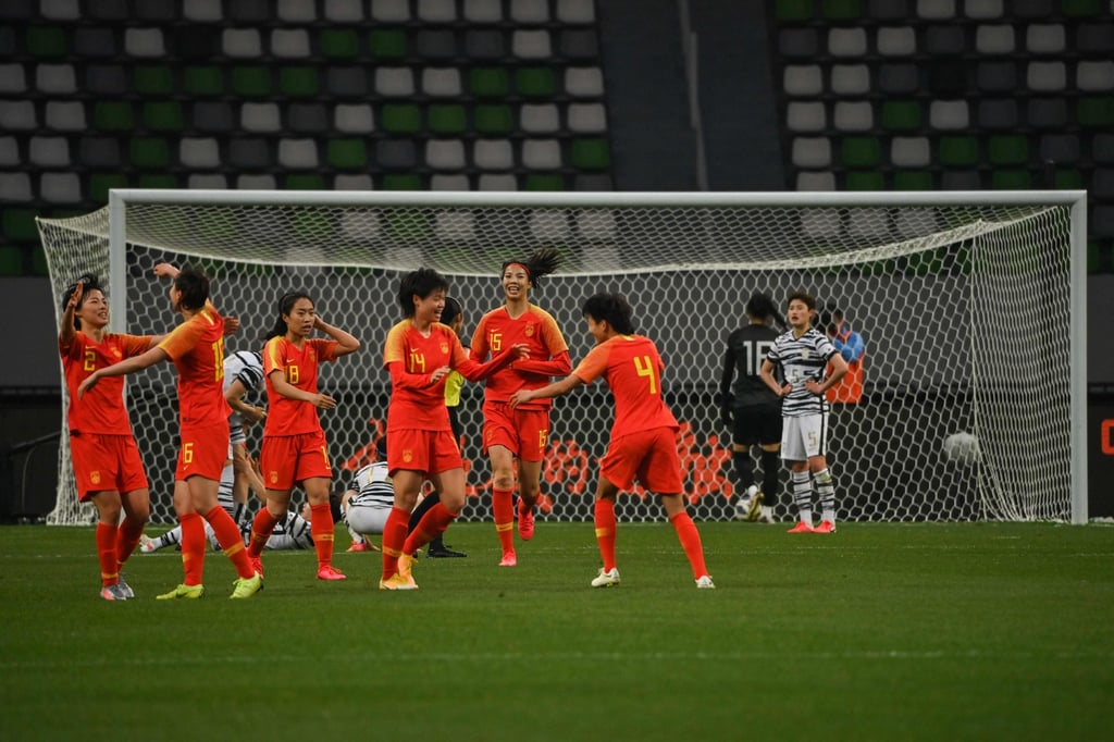 Chinese players celebrate after scoring during their second leg playoff qualifier for the Tokyo 2020 Olympic Games in Suzhou Olympic Sports Centre Stadium in Suzhou, Jiangsu province in April. Photo: AFP