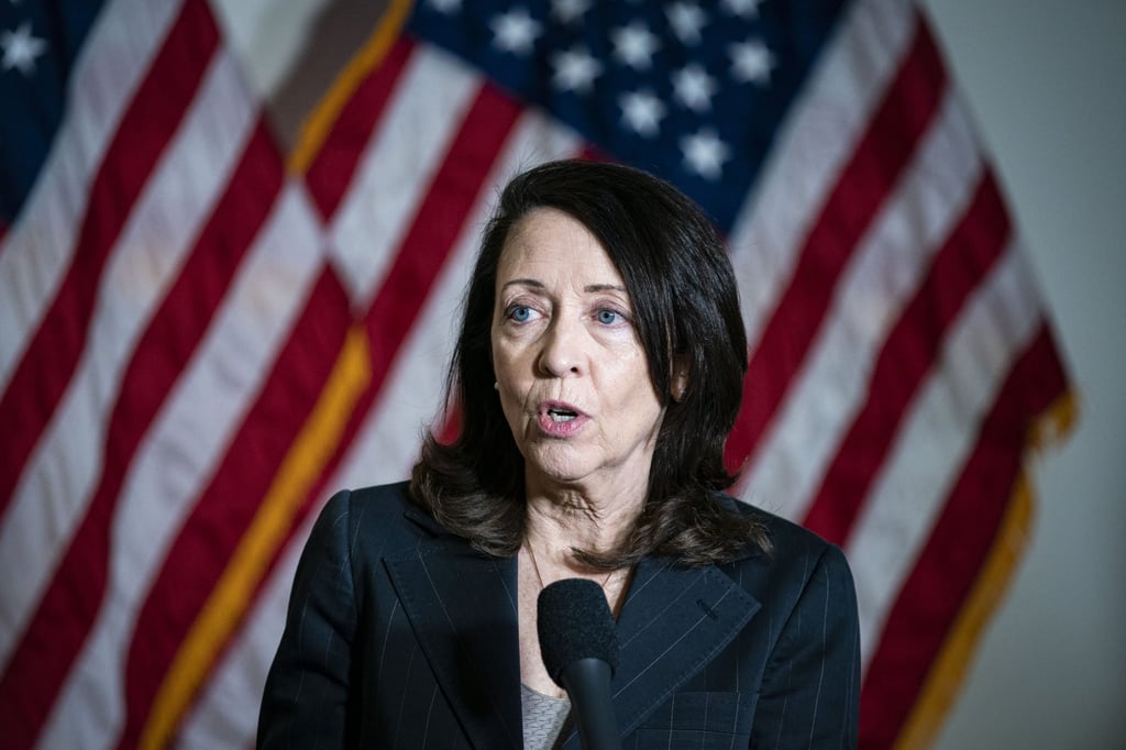 Senator Maria Cantwell, a Democrat from Washington, speaks to members of the media following a weekly Democrats policy luncheon on Capitol Hill in Washington, US, on April 13, 2021. Photo: Bloomberg