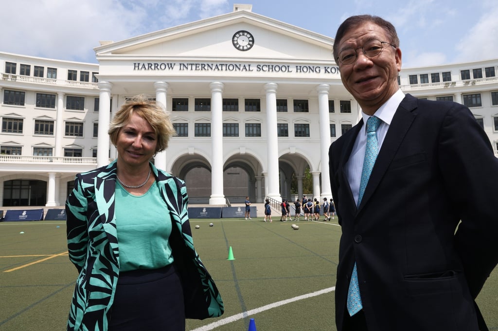 Ann Haydon, (left), Head of the Harrow International School Hong Kong and CEO Eric Leung Wing-cheong of Asia International School at Harrow’s Tuen Mun Complex on 31 March 2021. Photo: K. Y. Cheng Ann Haydon, (left), Head of the Harrow International School Hong Kong and CEO Eric Leung Wing-cheong of Asia International School at Harrow’s Tuen Mun Complex on 31 March 2021. Photo: K. Y. Cheng